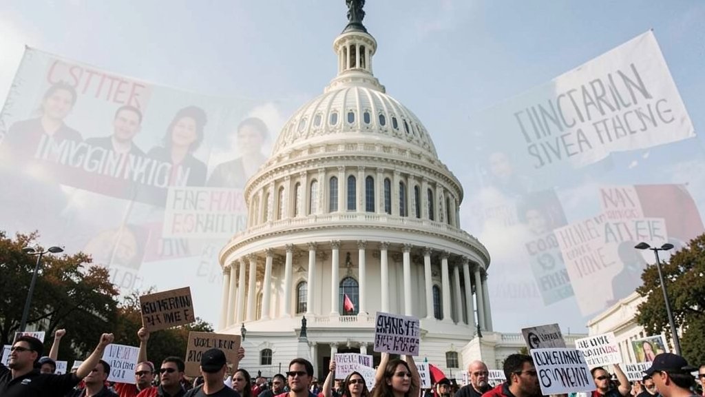 A photograph of the United States Capitol building with a subtle background of protesters or activists holding signs related to immigration and government funding, conveying a sense of urgency and political tension.