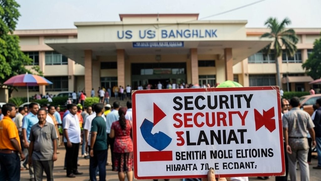 A photo of the US embassy in Bangladesh with a security alert sign in the foreground, and a crowd of people in the background, symbolizing the tension and uncertainty surrounding the elections.
