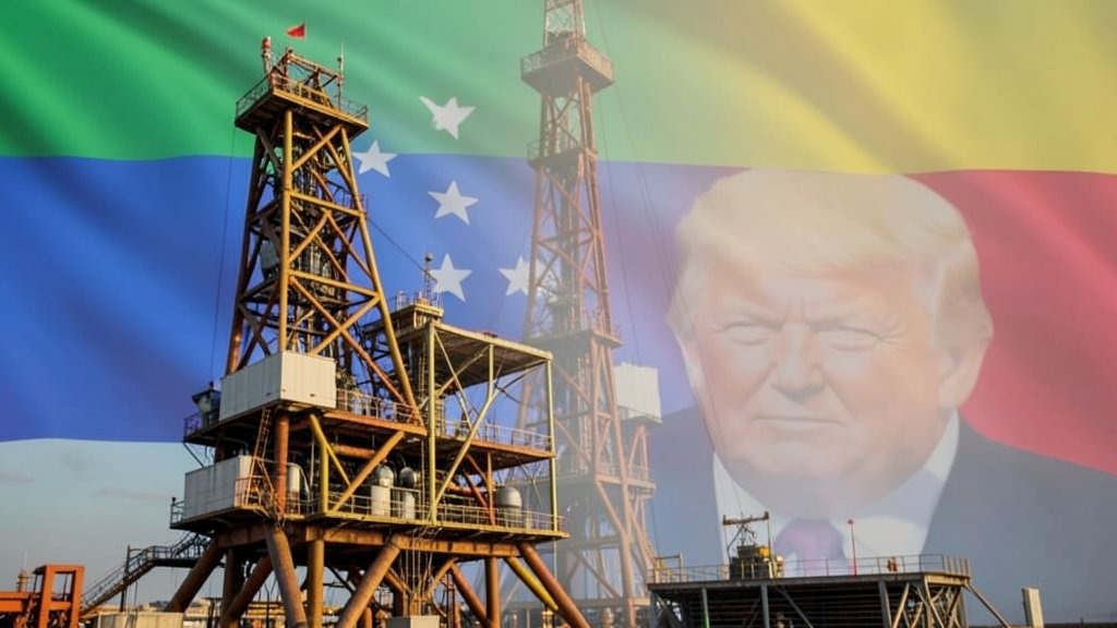 A photo of an oil rig in Venezuela with a subtle background of the Venezuelan flag and a faint image of Donald Trump in the distance, symbolizing the US influence on Venezuela's oil sector