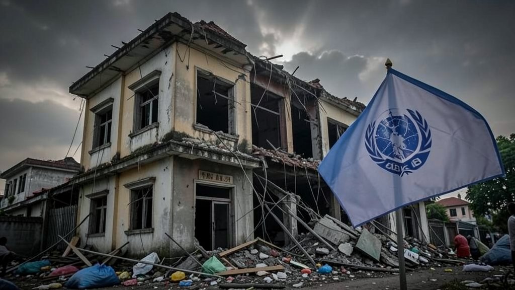 A dramatic image of a destroyed building in Myanmar with a UN flag in the foreground, symbolizing the international community's concern over the humanitarian crisis.