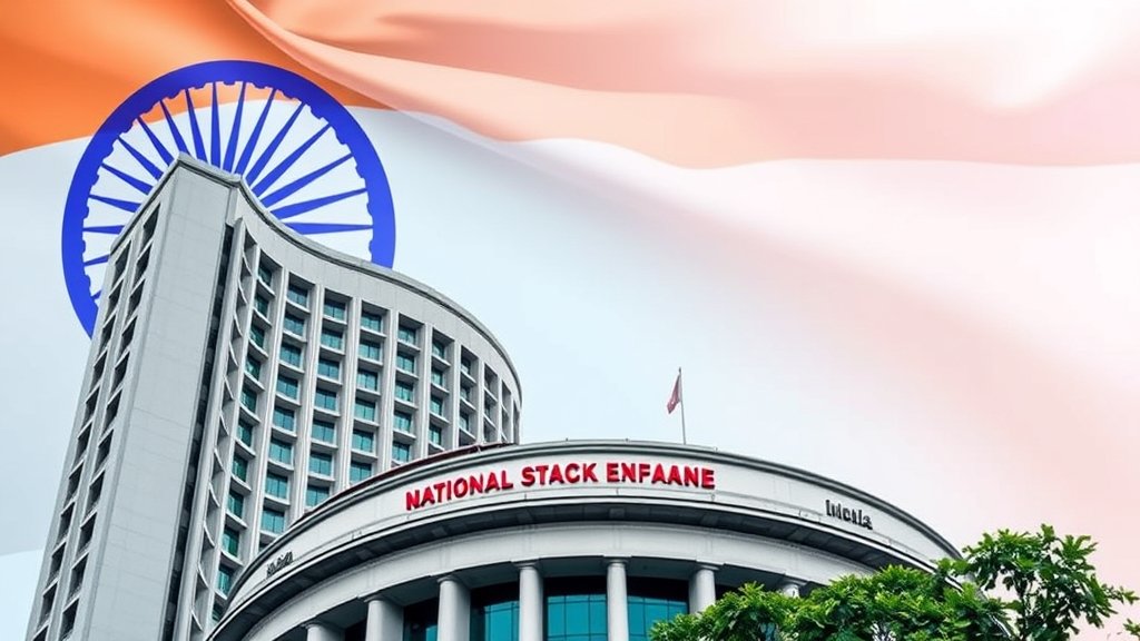 A photo of the National Stock Exchange building in Mumbai with a backdrop of the Indian flag, symbolizing the growth of the Indian stock market.
