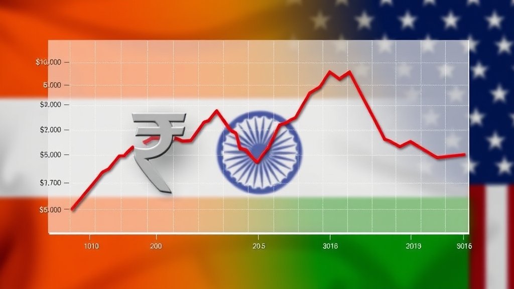 A graph showing the fluctuation of the Indian Rupee against the US Dollar, with a background image of the Indian and American flags.