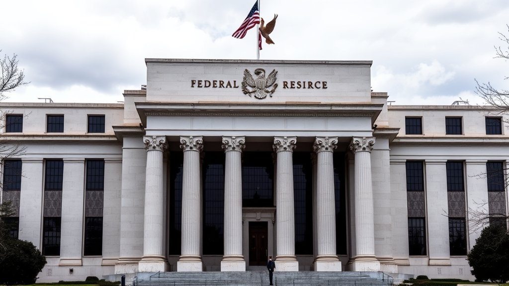 A photo of the Federal Reserve building in Washington D.C. with a subtle image of Donald Trump in the background, symbolizing his influence on the US economy