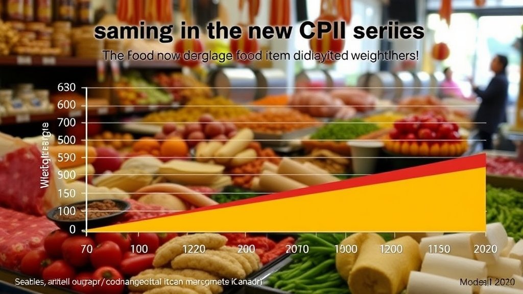 A graph showing the change in weightage of food items in the new CPI series, with a background image of a Indian market or a kitchen with various food items