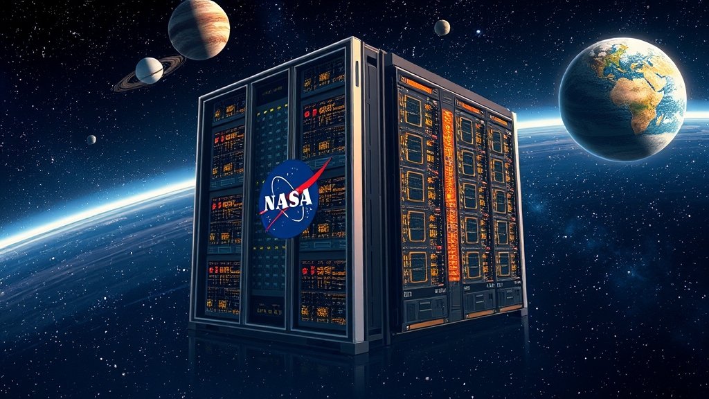 A detailed illustration of NASA's Athena supercomputer with a background of stars and planets, showcasing its power and significance in space exploration