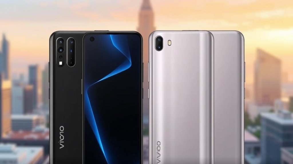 A high-quality image of the Vivo V70 and V70 Elite smartphones side by side, with a blurred background of a city or a technological landscape, highlighting the devices' sleek designs and advanced features.