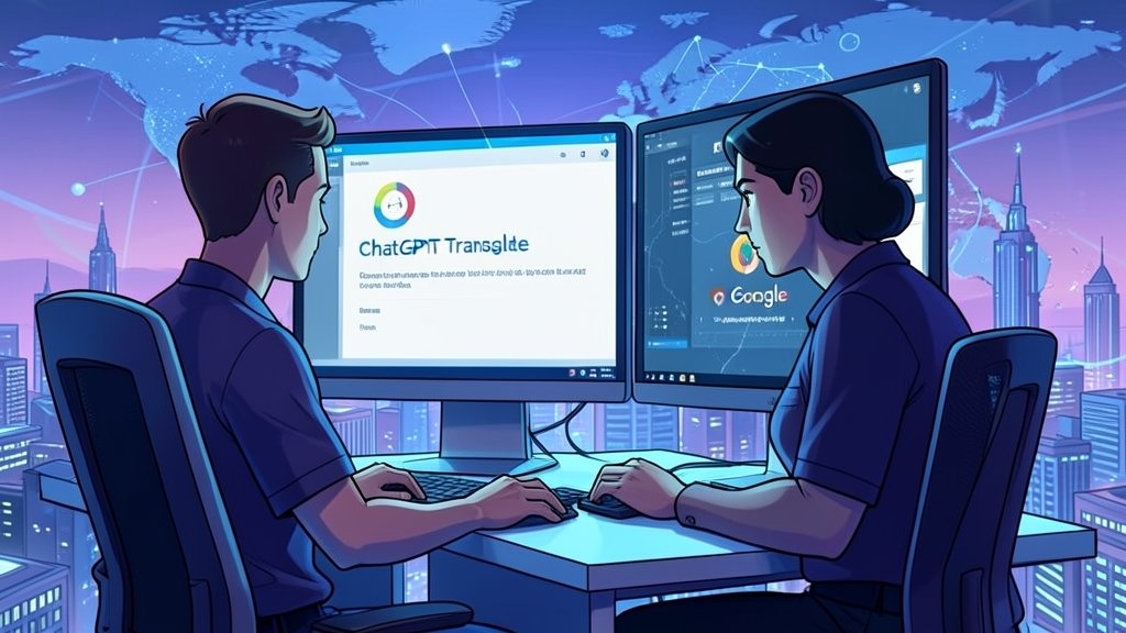 A futuristic illustration of a person using a computer with ChatGPT Translate and Google Translate side by side, with a cityscape in the background representing global communication.