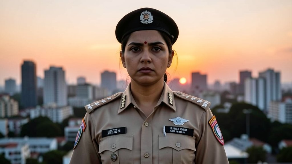 A photo of Rani Mukherjee in a police uniform, with a serious expression, standing in front of a city skyline at sunset.