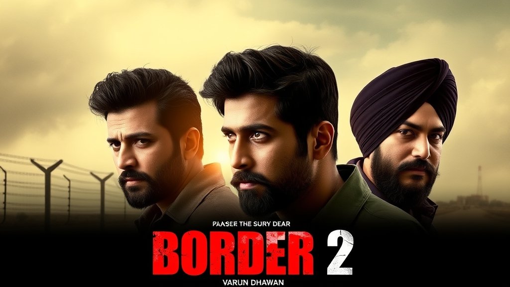 A cinematic poster of the movie Border 2 with the lead actors Sunny Deol, Varun Dhawan, and Diljit Dosanjh in the foreground, with a subtle background image of the Indian border.