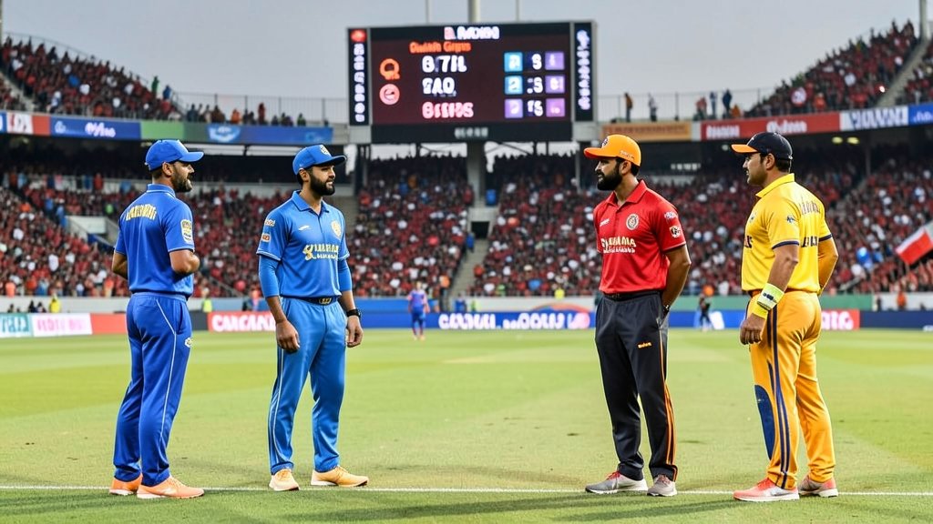 A photo of the Gujarat Giants and Mumbai Indians teams facing off on the cricket field, with a packed stadium in the background and the scoreboard displaying the current match stats.