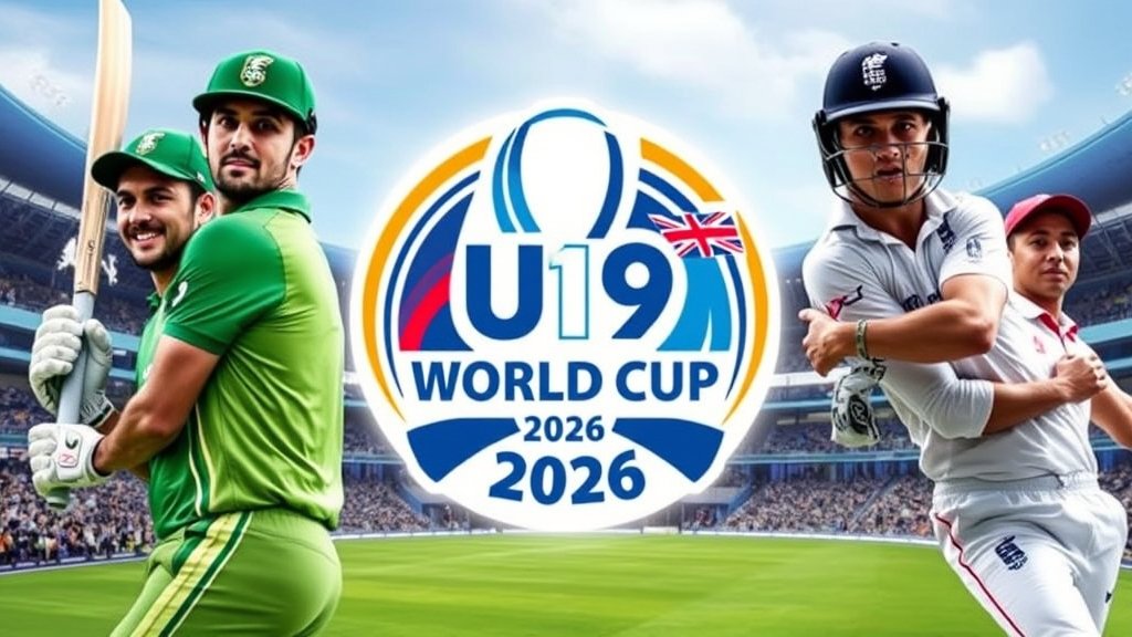 A detailed image of the ICC U19 World Cup 2026 logo with cricket players from Afghanistan, Ireland, New Zealand, and England in the background, with a stadium and crowd visible.