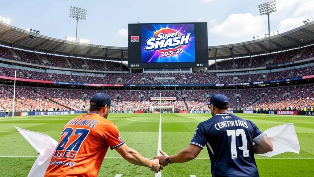 A cricket stadium with a full crowd, with the Auckland Aces and Canterbury Kings teams facing each other on the field, and a big screen in the background displaying the Super Smash 2025-26 logo.