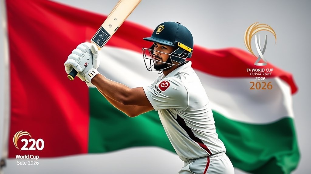 A cricket player in action with the UAE flag in the background, with a subtle hint of the T20 World Cup 2026 logo
