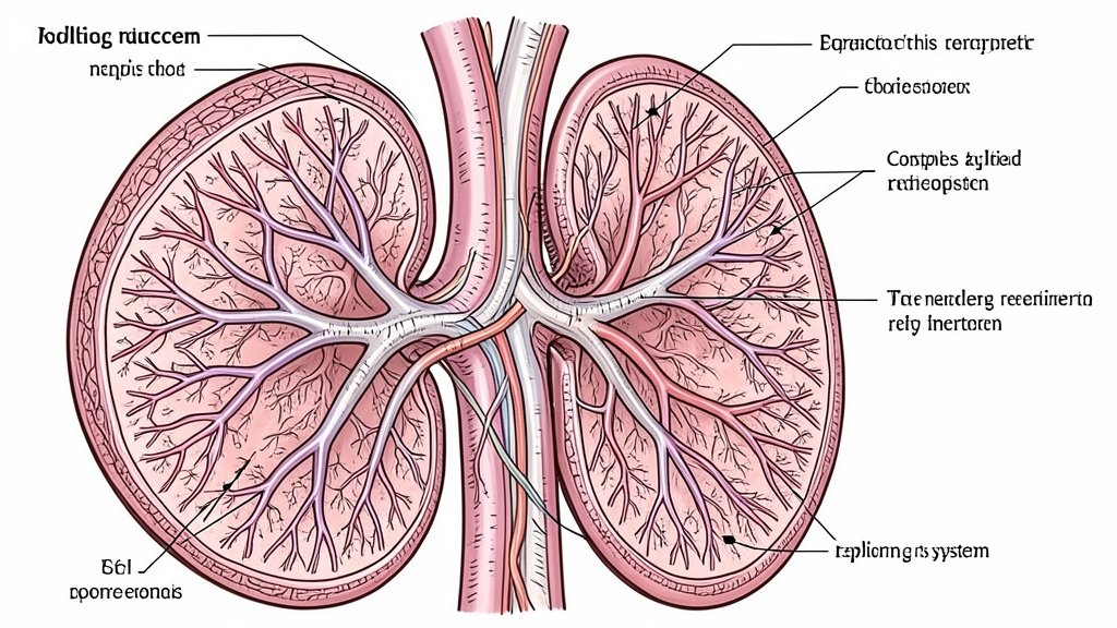 A detailed illustration of a human kidney collecting duct system, with a focus on the intricate network of tubules and blood vessels, highlighting the complex engineering required to replicate this system.