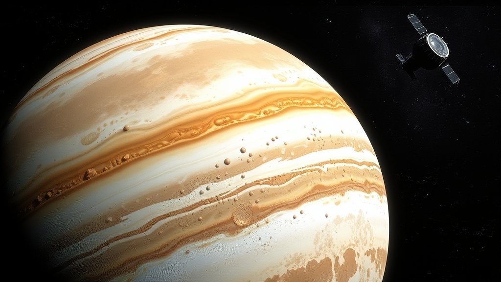 A detailed illustration of Jupiter's moon Europa with a surface containing ammonia-bearing compounds, with the Galileo spacecraft in the background.