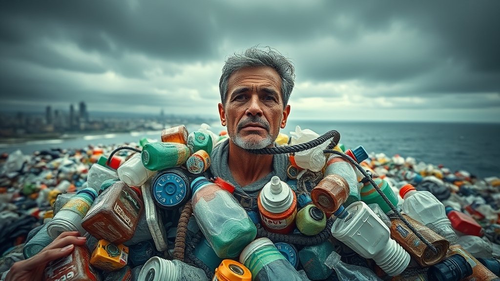 A dramatic image of a person surrounded by plastic waste, with a cityscape or ocean in the background, highlighting the impact of plastic pollution on human health.