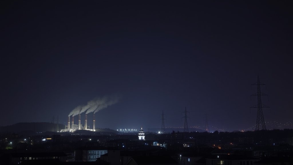 A photo of a darkened cityscape in Ukraine or Moldova with a power plant or transmission lines in the background, symbolizing the energy crisis and power outages in the region.