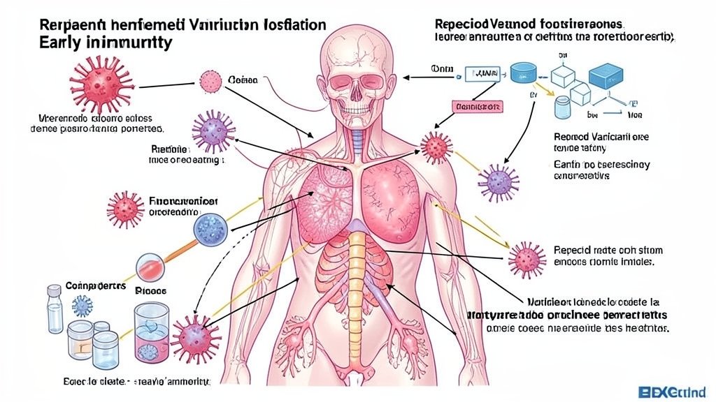 A detailed illustration of the human immune system with influenza viruses and vaccine components, highlighting the concept of repeated vaccination and its effects on early immunity.