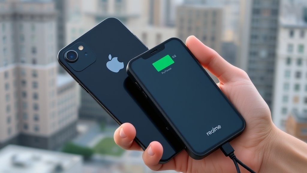 A person holding an iPhone with a Realme P4 Power phone connected to it as a power bank, with a cityscape in the background