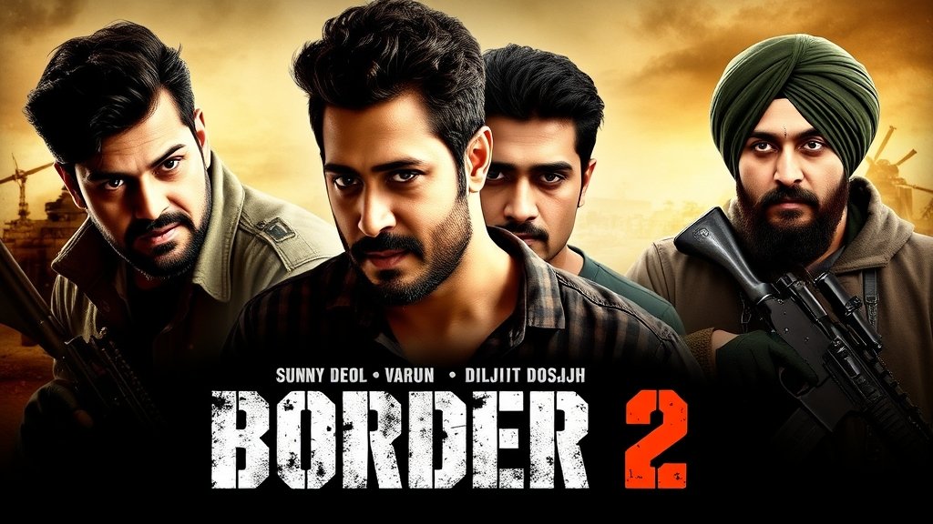 A movie poster of Border 2 with Sunny Deol, Varun Dhawan, and Diljit Dosanjh in the lead roles, with a background of a war zone