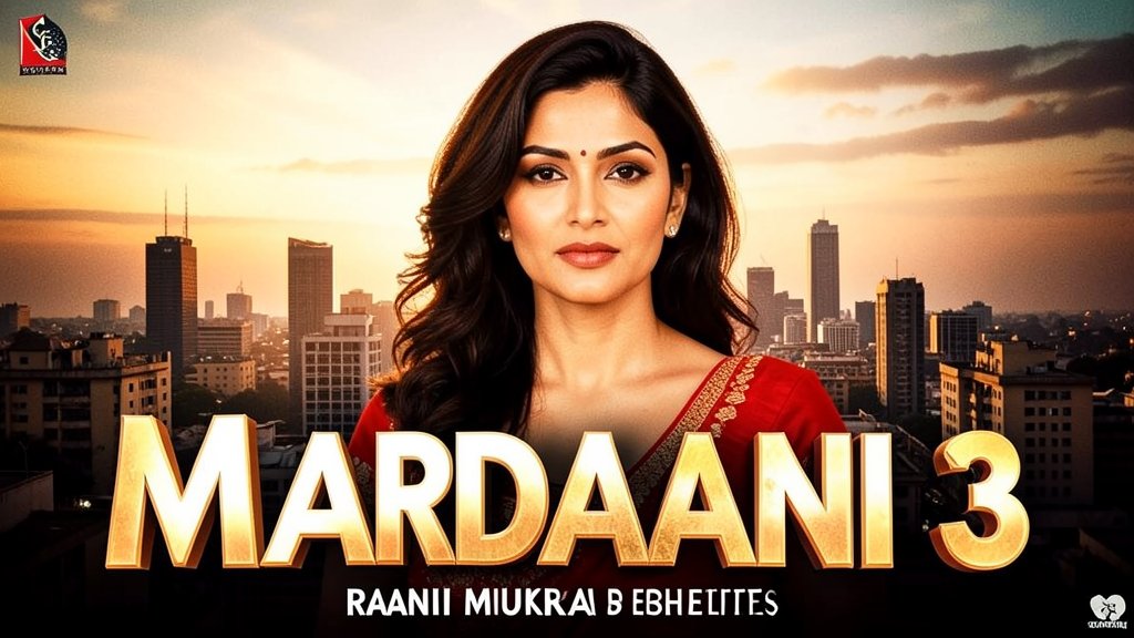 A poster of the movie Mardaani 3 with Rani Mukerji in the lead role, with a cityscape in the background and a bold font highlighting the title of the movie.