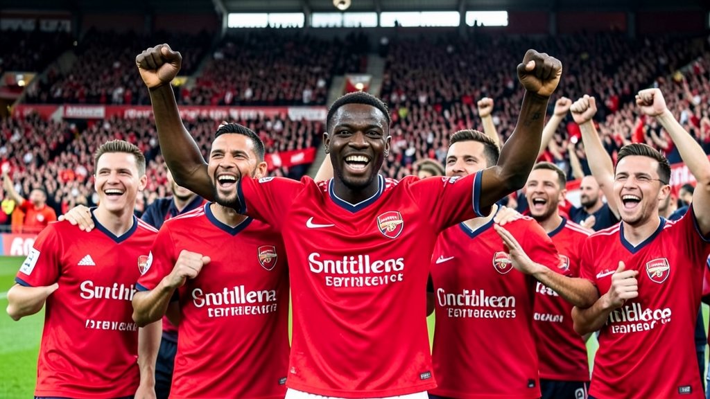 A photo of Madueke celebrating a goal with his Arsenal teammates in the background, with a stadium full of cheering fans