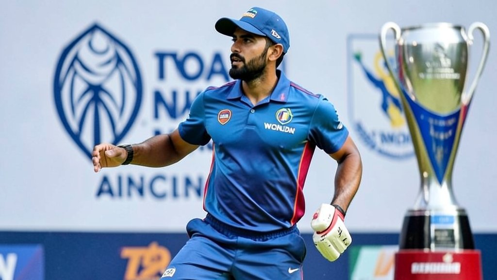 A photo of Tilak Varma in action during a cricket match, with a subtle background of the Indian cricket team logo and the T20 World Cup trophy.