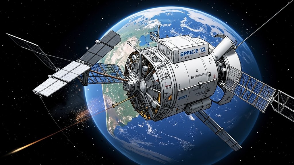 A detailed illustration of the SpaceX Crew-12 spacecraft approaching the International Space Station, with the Earth in the background.