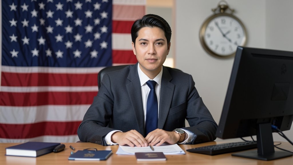 A professional image of a person sitting in front of a computer with a passport and visa application form, with a subtle background of the US flag and a clock ticking.