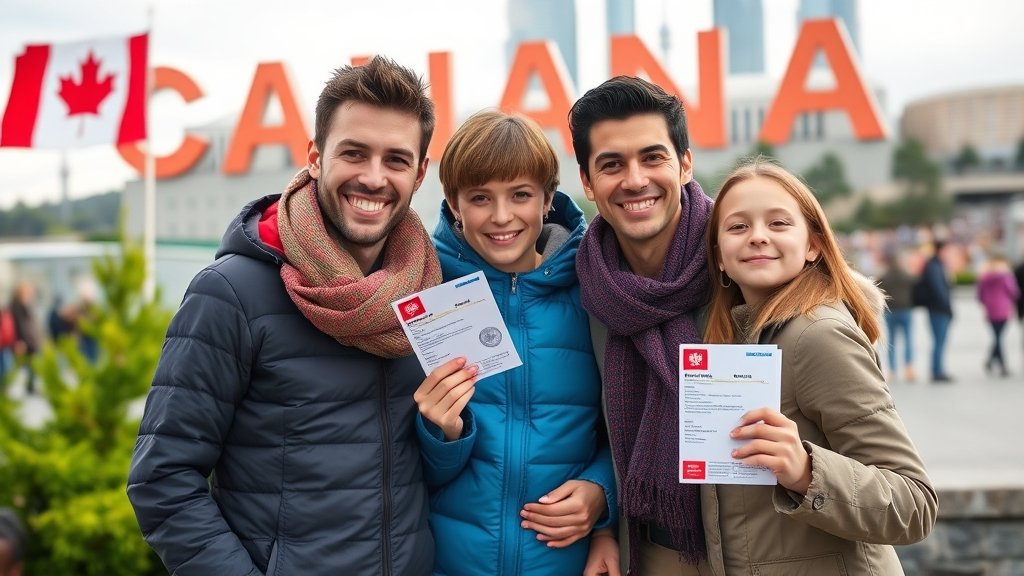 A photo of a family from Europe with Canadian visas, standing in front of a Canadian landmark, with a mix of excitement and relief on their faces.