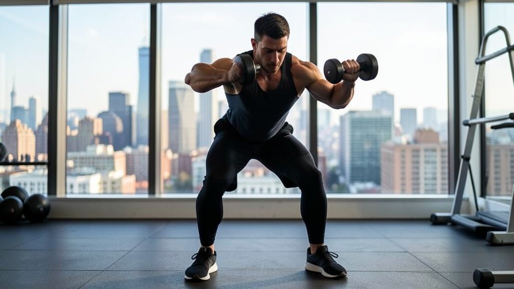 A person performing the farmer's walk exercise with dumbbells in a fitness studio, with a cityscape in the background to represent the urban fitness trend.