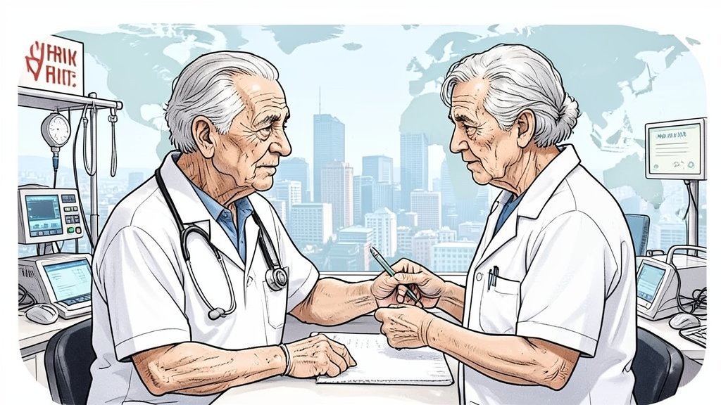 A detailed illustration of a healthcare professional consulting with an elderly patient, with a subtle background image of a cityscape representing the global impact of HIV and frailty, incorporating elements of medical equipment, research, and care.