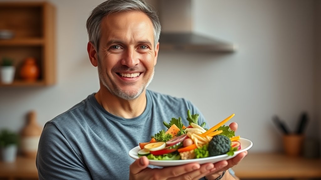 A photo of a man in his 30s or 40s holding a plate of healthy food, with a subtle background of a kitchen or a dining table, conveying a sense of wellness and nutrition.