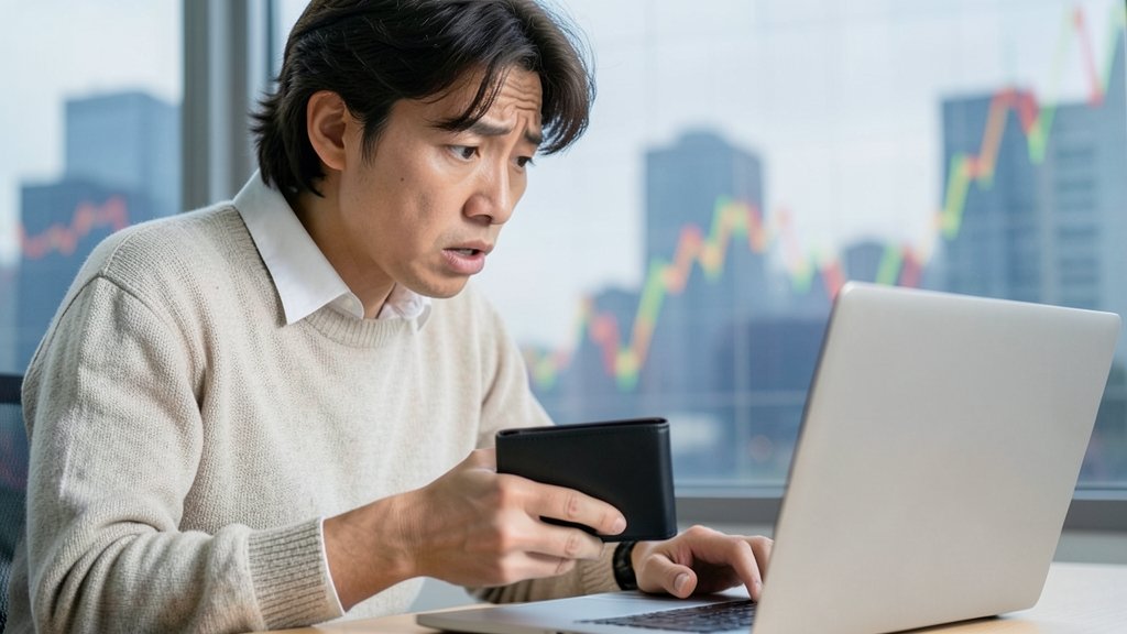 A photo of a person holding a wallet and looking at a laptop screen with a concerned expression, with a subtle background of a cityscape or a financial graph