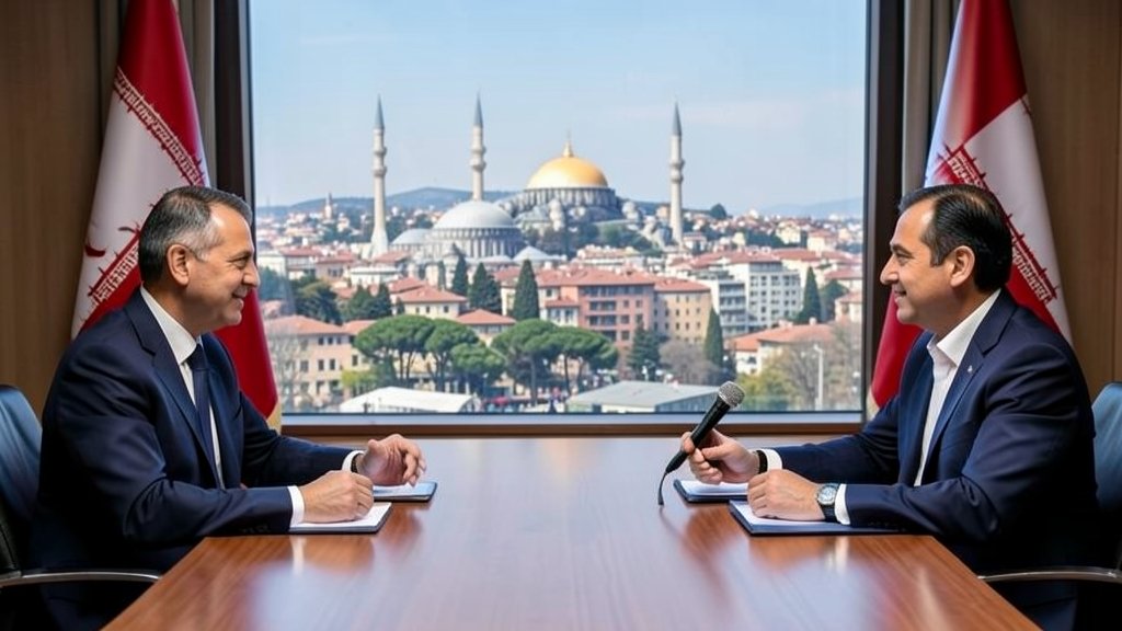 A photo of Iranian and American diplomats sitting across a table, with a cityscape of Istanbul in the background, symbolizing the ongoing talks between the two nations.