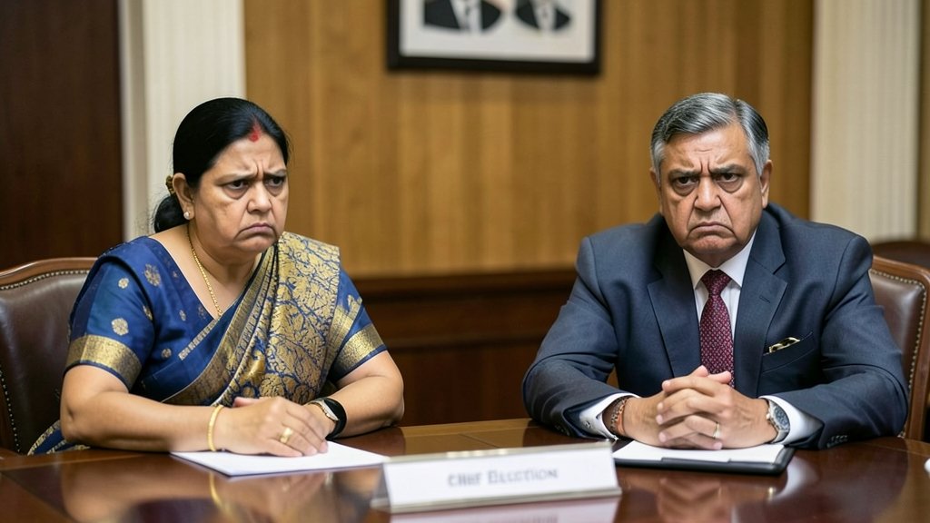 A photo of Mamata Banerjee and the Chief Election Commissioner sitting at a table with a tense expression