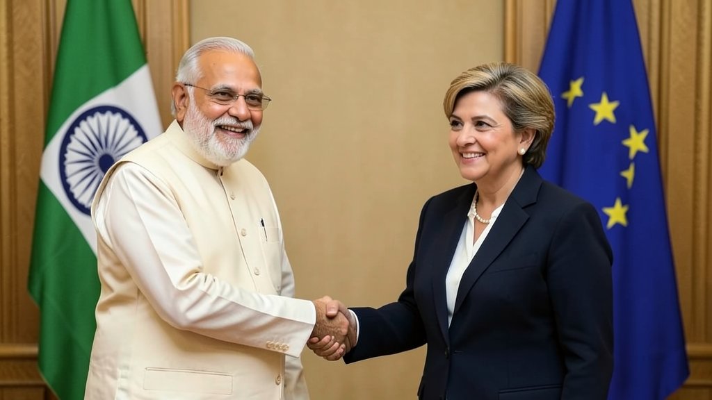 A photo of Indian Prime Minister Narendra Modi and European Commission President Ursula von der Leyen shaking hands, with a backdrop of Indian and EU flags