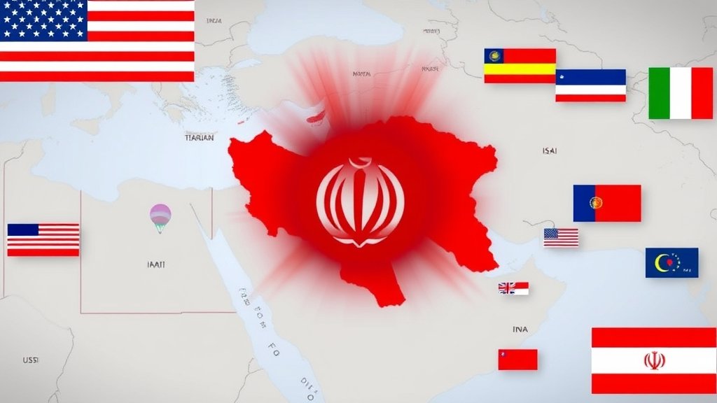 A dramatic illustration of the Middle East map with a red alert symbol over Iran, surrounded by flags of the USA and other regional countries, conveying a sense of tension and conflict.