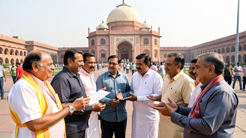A group of Manipur BJP MLAs gathered in Delhi, discussing government formation with a backdrop of the Indian Parliament building.