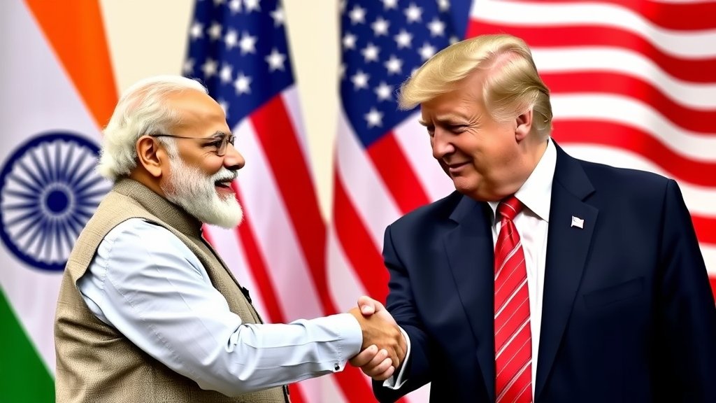 A photo of Indian Prime Minister Narendra Modi and US President Donald Trump shaking hands, with a background of Indian and American flags waving together, symbolizing the strengthened trade ties between the two nations.