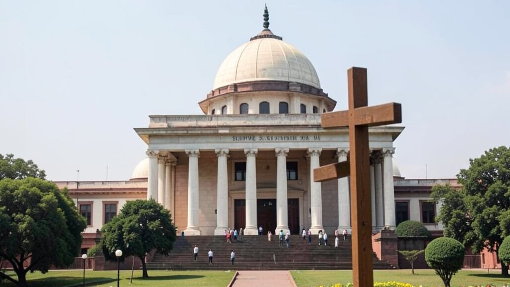 a photo of the Supreme Court of India with a Christian cross in the foreground, symbolizing the challenge to anti-conversion laws