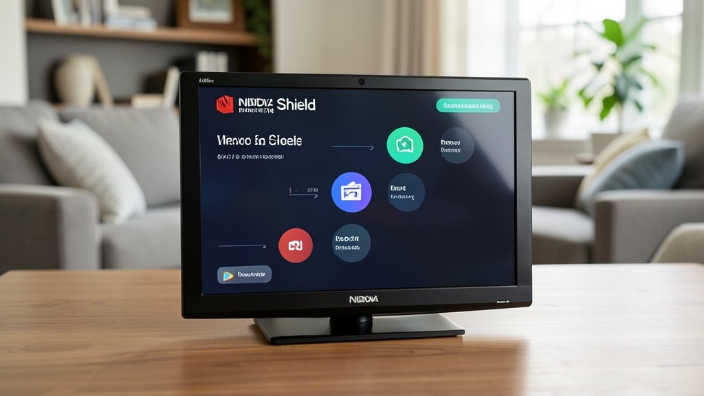A detailed image of the Nvidia Shield TV device with a background of a living room, highlighting its features and capabilities.
