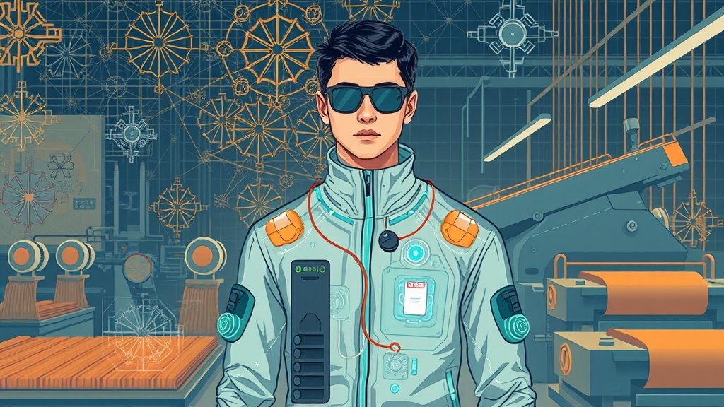 A futuristic illustration of a person wearing smart clothing with integrated technology, such as wearable devices, sensors, and conductive fibers, set against a background of traditional textile patterns and machinery.