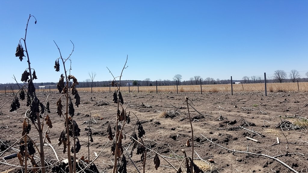 a photo of a drought-affected farm in the United States with a clear blue sky and a few withered plants in the foreground