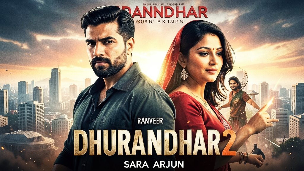 A poster of the movie Dhurandhar 2 with Ranveer Singh and Sara Arjun in the lead roles, with a cityscape in the background and a hint of action and drama.