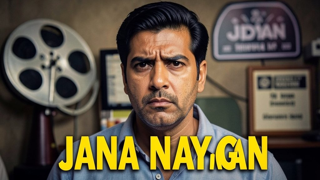 A photo of Thalapathy Vijay with a serious expression, with a film reel or a censorship board in the background, symbolizing the controversy surrounding his movie Jana Nayagan.