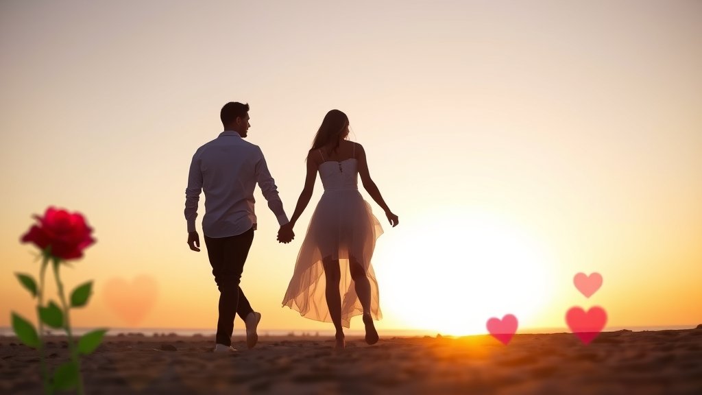 A romantic couple holding hands and walking together on a beach during sunset, with a subtle background of roses and hearts.