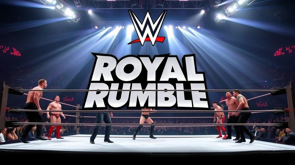 A dramatic image of a WWE wrestling ring with wrestlers in action, highlighting the intensity and excitement of the Royal Rumble event.