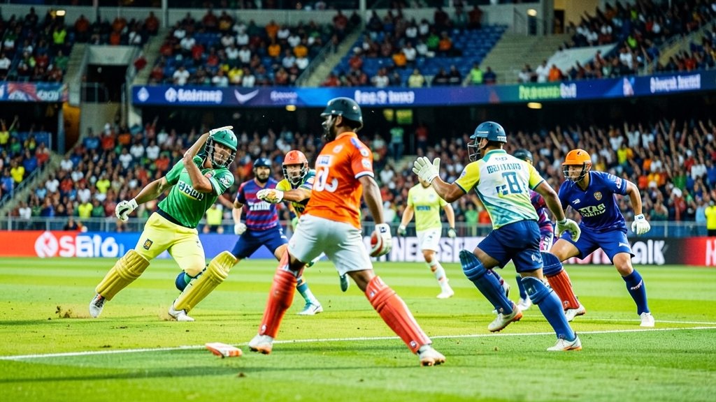 A high-energy photo of a cricket stadium with players in action during a T20 match, focusing on the excitement and thrill of the game