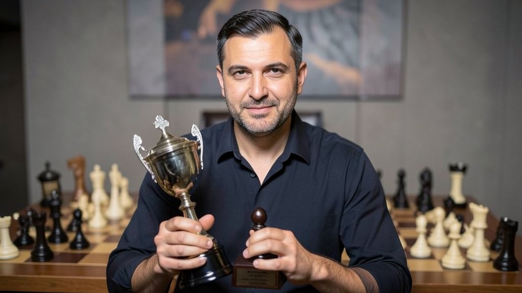 A photo of Nodirbek Abdusattorov holding a chess trophy, with a subtle background of a chessboard and pieces.